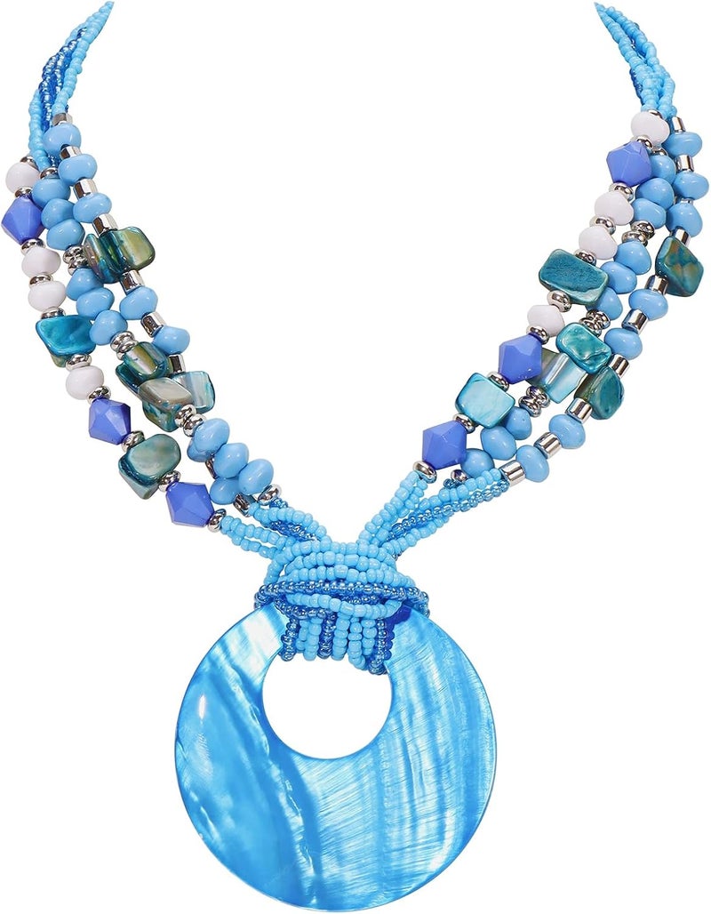 Coiris Shell Pendant Statement Strand Necklace for Women Boho Multi Beads Natural Stone Colorful Necklace Bohemian Handmade Chunky Shell Beaded Collar Jewelry for Women - Image 1